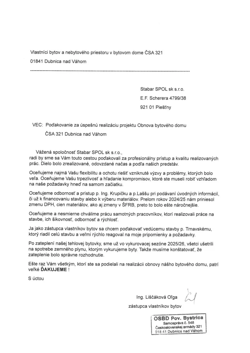 Skenovaný ďakovný list od Ing. Liščáková Oľga, BD Československej armády 321